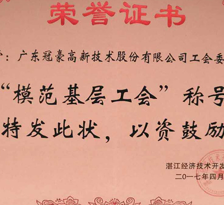 冠豪高新工会获评湛江开发区2015-2016年度 “模范基层工会”荣誉称号